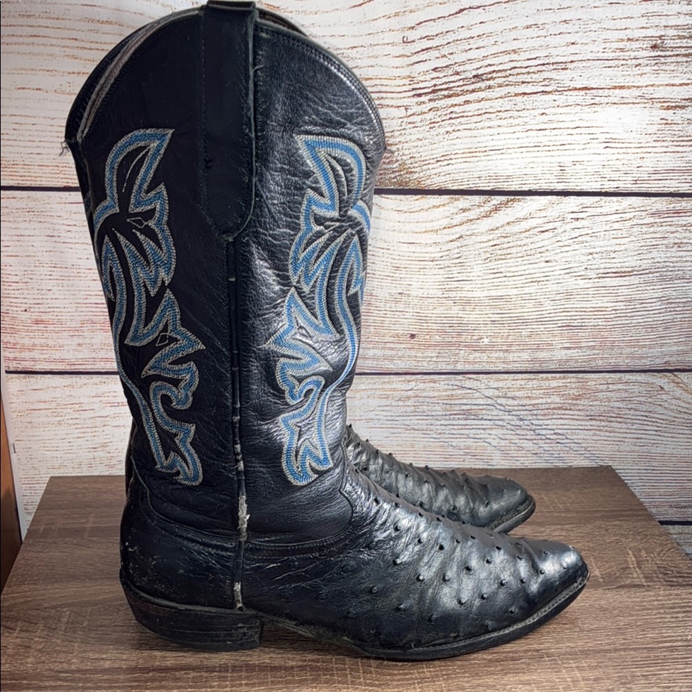 Men's Vintage Quality Black Leather Ostrich Cowboy Boots Size 13EE Unbranded